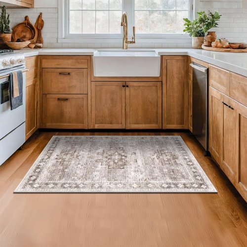 Washable Neutral Farmhouse Large Entryway Rug, 3x5 Area Rugs for Kitchen, Bedroom, Laundry Room, Nursery Room, Boho Vintage Floral Non-Slip Throw Rug Low Pile Stain Resistant (3x5 Beige/Latte)