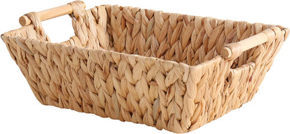Water Hyacinth Basket by Handcrafted | Large Rectangular Wicker Storage Basket with Wooden Handles