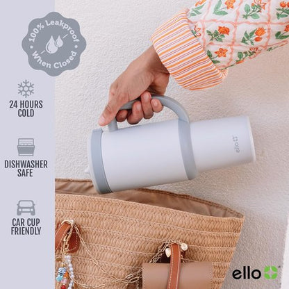 Ello Oasis 24 oz Tumbler - Insulated Stainless Steel Cup with Handle & Straw | 100% Leakproof, Keeps Drinks Cold for 24 Hours, Grayscale
