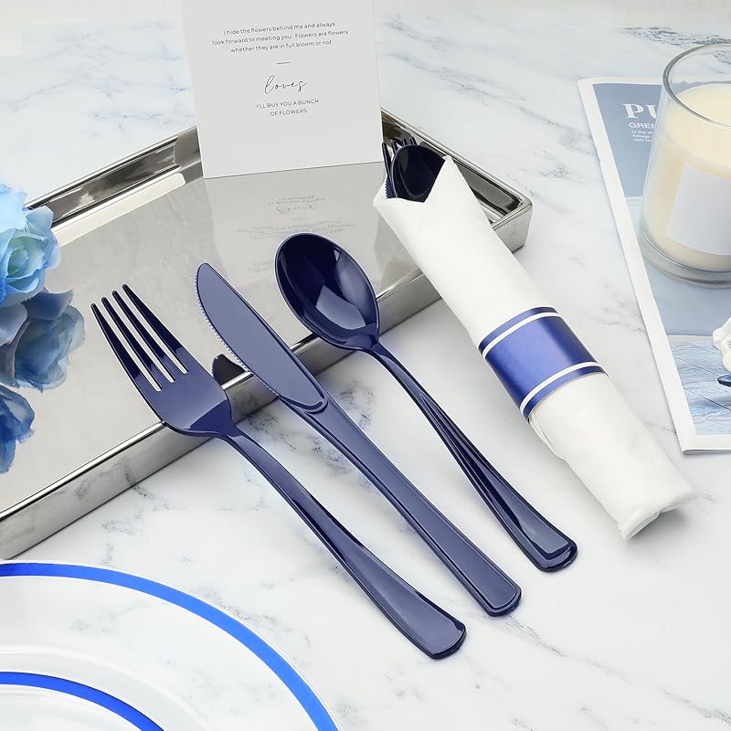 200 Pc Blue Pre-Rolled Plastic Cutlery Set - 200 Forks, Knives, Spoons + Napkins (Variation: 200PC+Blue)