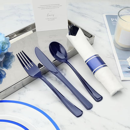 200 Pc Blue Pre-Rolled Plastic Cutlery Set - 200 Forks, Knives, Spoons + Napkins (Variation: 200PC+Blue)