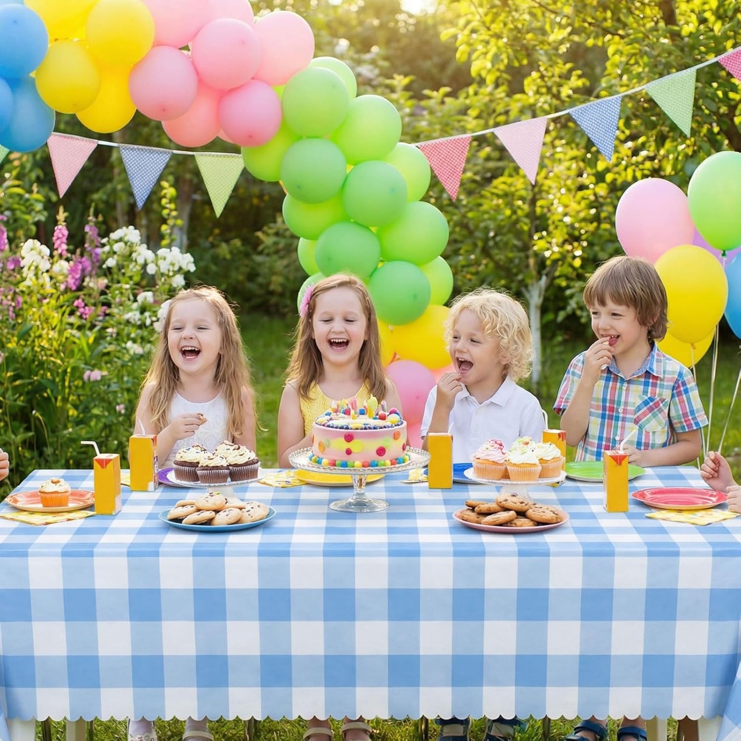 Skiennix Blue Gingham Tablecloths - 3 Pack Disposable Scalloped Design | 54 x 108 Inch for Events