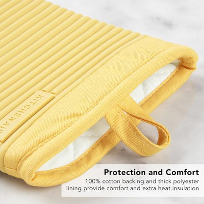 KitchenAid Ribbed Soft Silicone Oven Mitt Set - 2-Pack, 7.5"x13", Butter Yellow for Ultimate Heat Protection