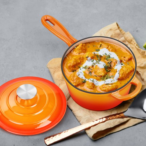 Enameled Cast Iron Sauce Pan with Lid, Leonyo 1 Quart Saucepan with Lid, Small Enamel Cast Iron Dutch Oven Kitchen Cookware for All Cooktops Making Pasta Sauce, Soup, Milk - Up to 500°F & Orange