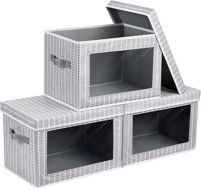 Homsorout Storage Cubes - 3-Pack Fabric Bins with Lids & Windows | Grey & White Closet Organizers