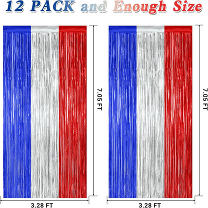 Patriotic Tinsel Backdrop by [Brand Name] - 12 Pack Metallic Blue, Silver & Red Fringe Curtains | 3.28 FT x 7.05 FT Independence Day Party Decor