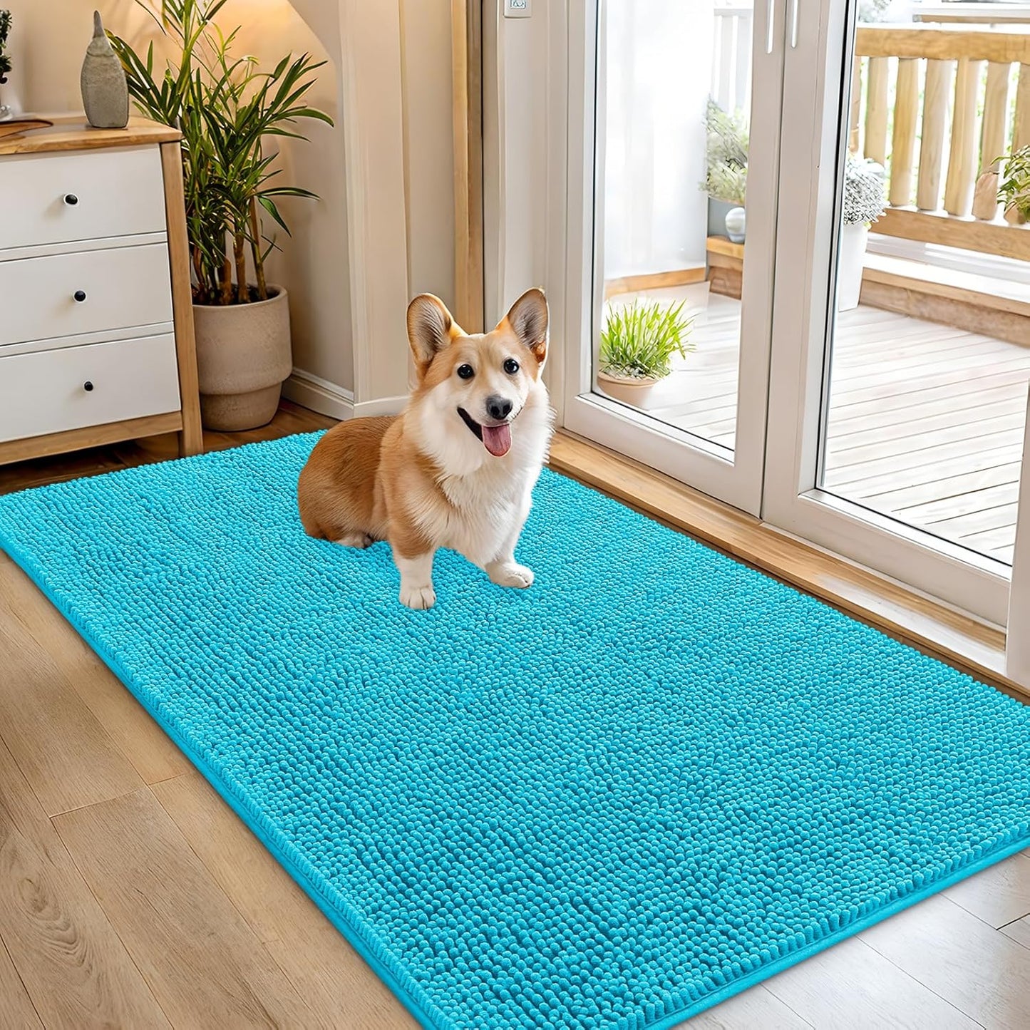 OLANLY Dog Door Mat - Absorbent Non-Slip Chenille Mat for Muddy Paws | 54x32 Inches, Aqua Blue