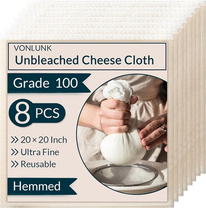 Grade 100 8-Pack Cheesecloth by [Brand Name] - 20x20 Inch Reusable Unbleached Cotton Strainer for Cooking, Baking & Juicing