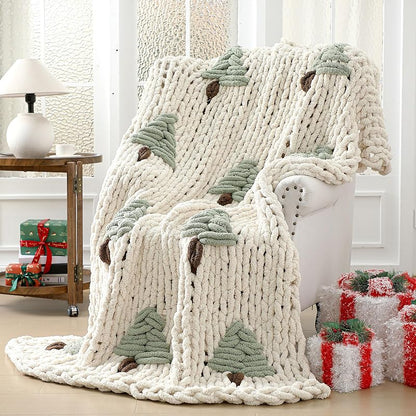 Green Christmas Tree Chunky Knit Throw Blanket 50x60in - Handcrafted Xmas Tree Pattern (Variation: Green+Christmas Tree)