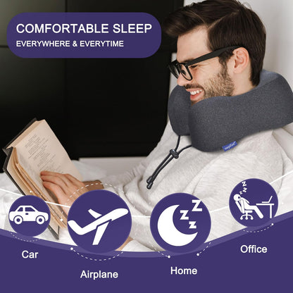 Napfun Neck Pillow - Upgraded 100% Pure Memory Foam Travel Pillow for Airplane | Portable Black Headrest