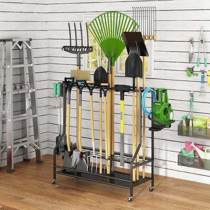 GILLAS Garden Tool Organizer - Sturdy Metal Storage Rack with Hooks for Long-Handled Tools | Black