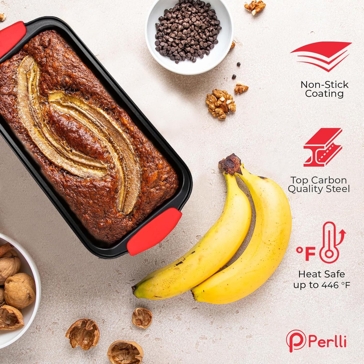 PERLLI Non-Stick 10-Piece Baking Pan Set - BPA-Free Carbon Steel Bakeware with Silicone Handles | Oven Safe Up to 446°F