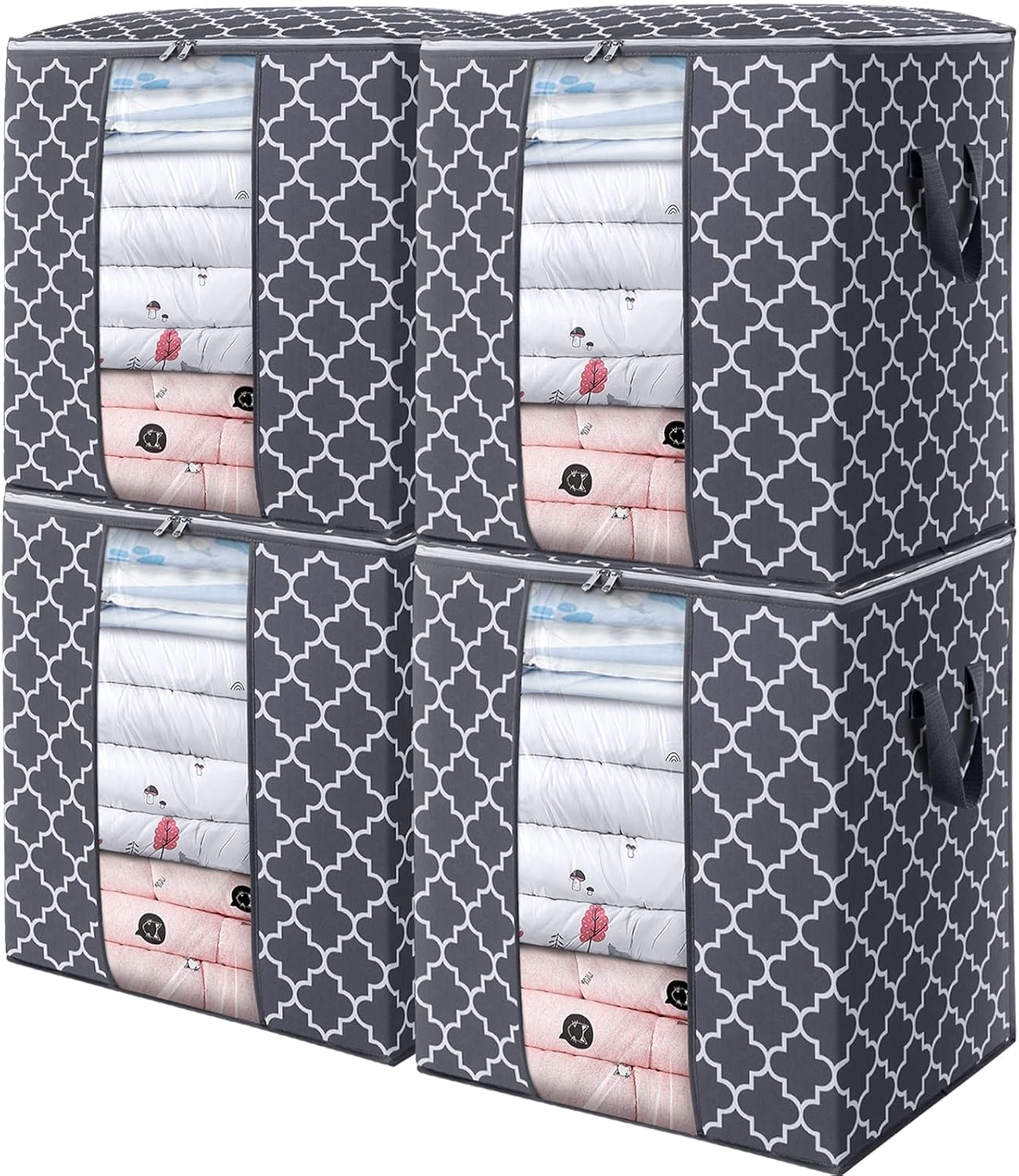 WISELIFE Storage Bags - 4 Pack 100L Large Blanket and Clothes Organizers | Foldable with Clear Window & Reinforced Handles, Gray