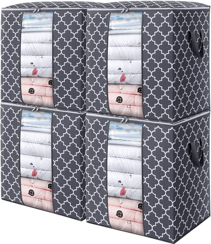 WISELIFE Storage Bags - 4 Pack 100L Large Blanket and Clothes Organizers | Foldable with Clear Window & Reinforced Handles, Gray