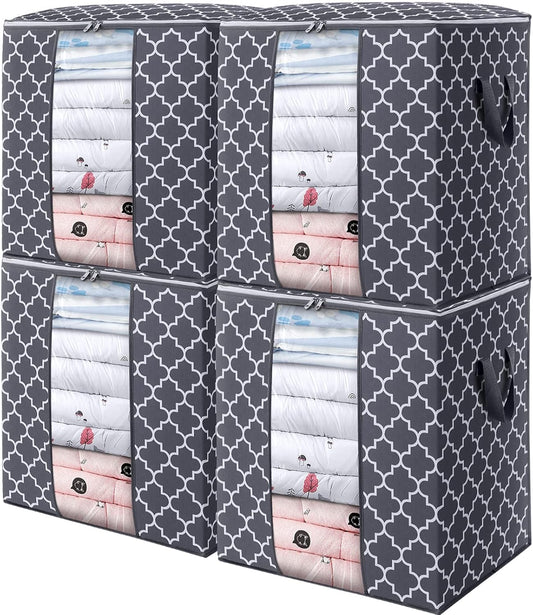WISELIFE Storage Bags - 4 Pack 100L Large Blanket and Clothes Organizers | Foldable with Clear Window & Reinforced Handles, Gray