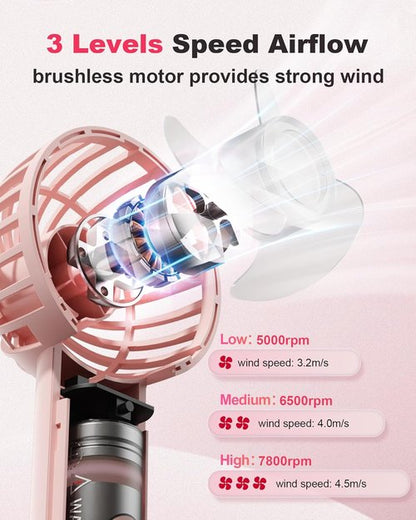 Coohea Mini Handheld Fan - USB Rechargeable, 3 Speed Portable Design for Travel & Makeup - Pink
