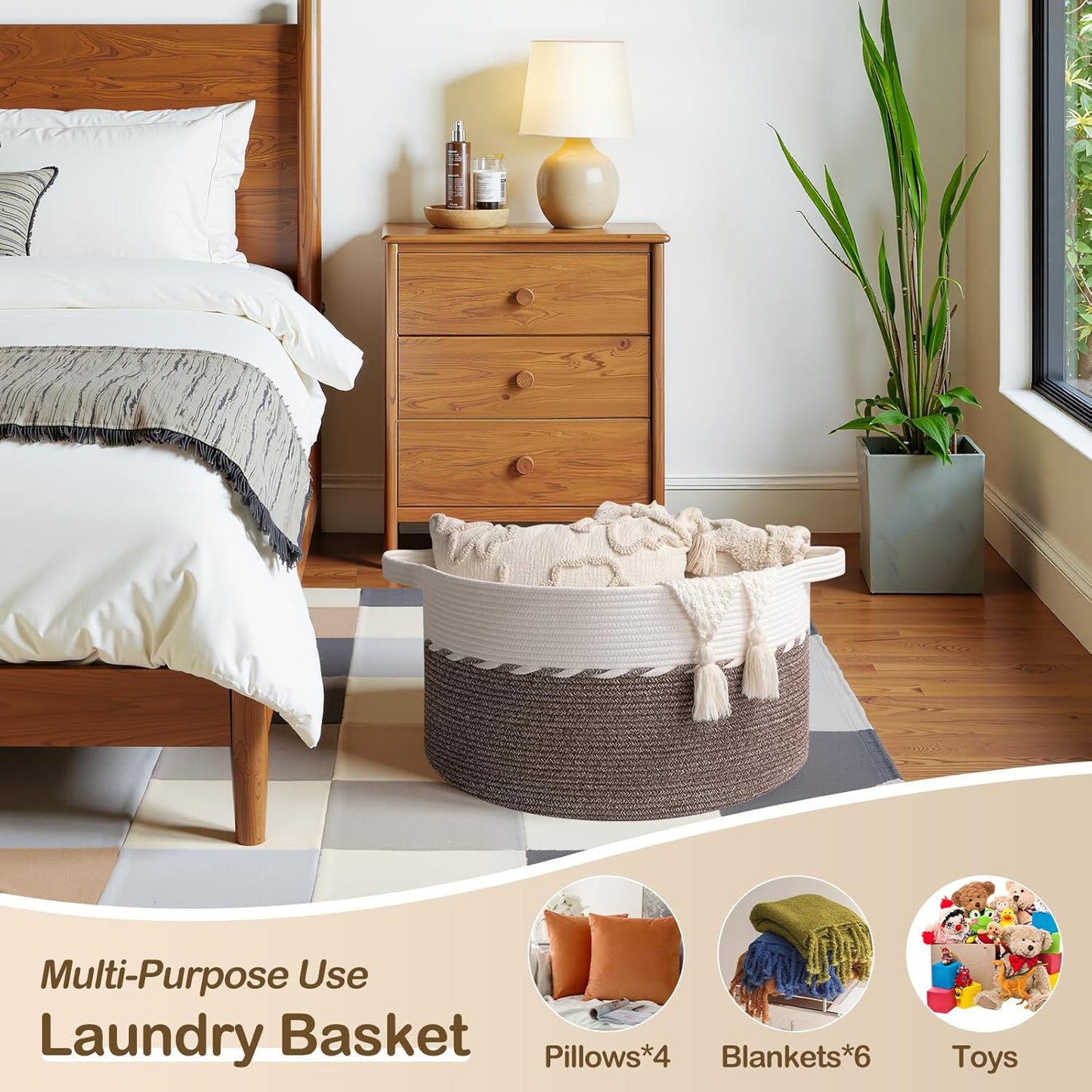 OIAHOMY 90L Blanket Basket - Large 23" x 23" x 13" Storage Solution for Blankets, Toys & Laundry - Brown & White