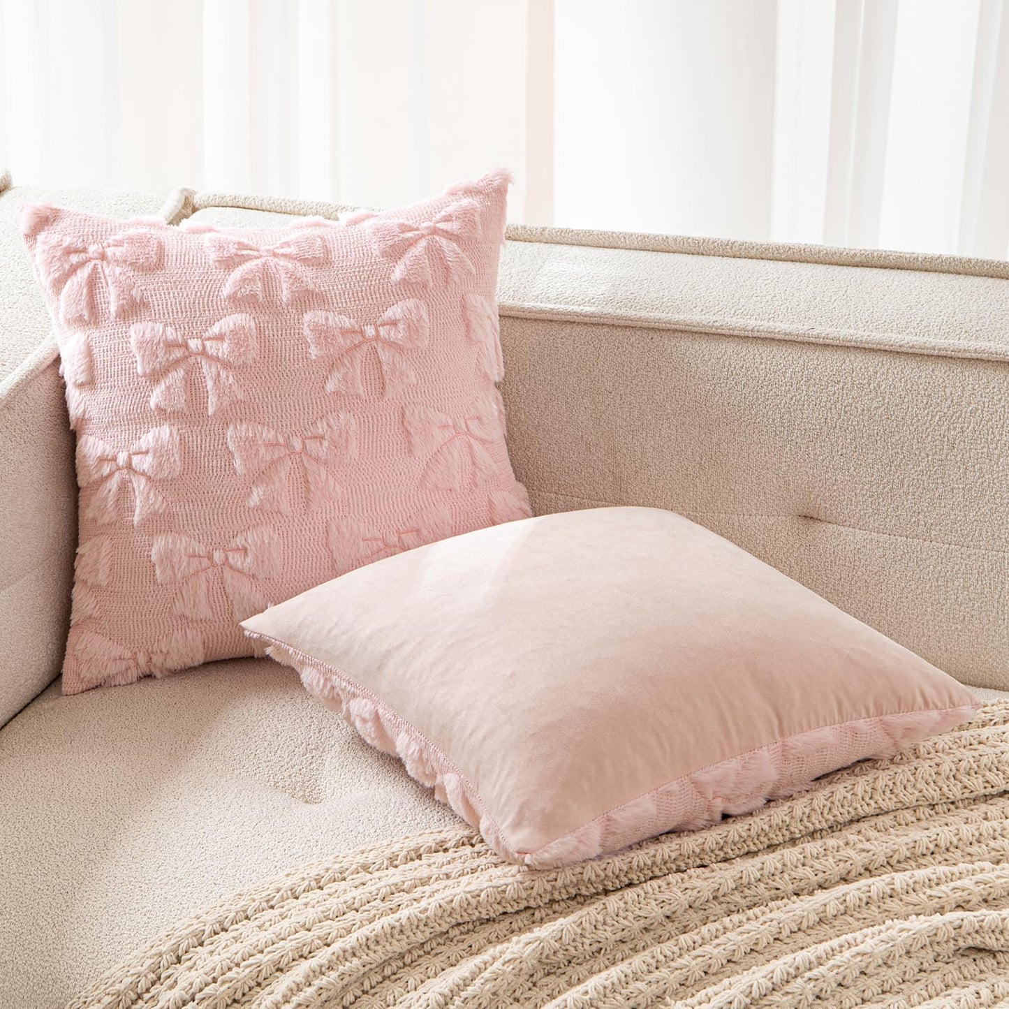 MIULEE Light Pink Bow Pillow Covers - Soft Plush Decorative Set of 2 | 18x18 Inch Aesthetic Room Decor
