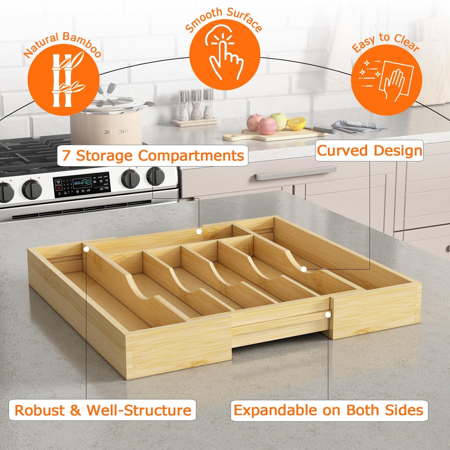 Youpehom Bamboo Utensil Organizer for Kitchen Drawers, Expandable Utensil Tray and Cutlery Silverware Holder,Wood Drawer Dividers with 7 Adjustable Slots