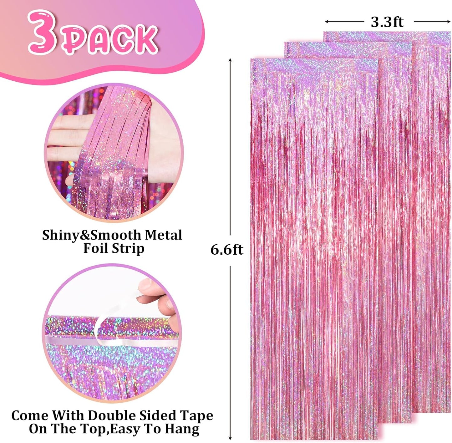 Voircoloria Laser Pink Tinsel Foil Fringe Curtains - 2 Pack Metallic Backdrop for Parties & Celebrations