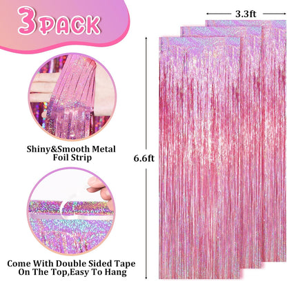 Voircoloria Laser Pink Tinsel Foil Fringe Curtains - 2 Pack Metallic Backdrop for Parties & Celebrations