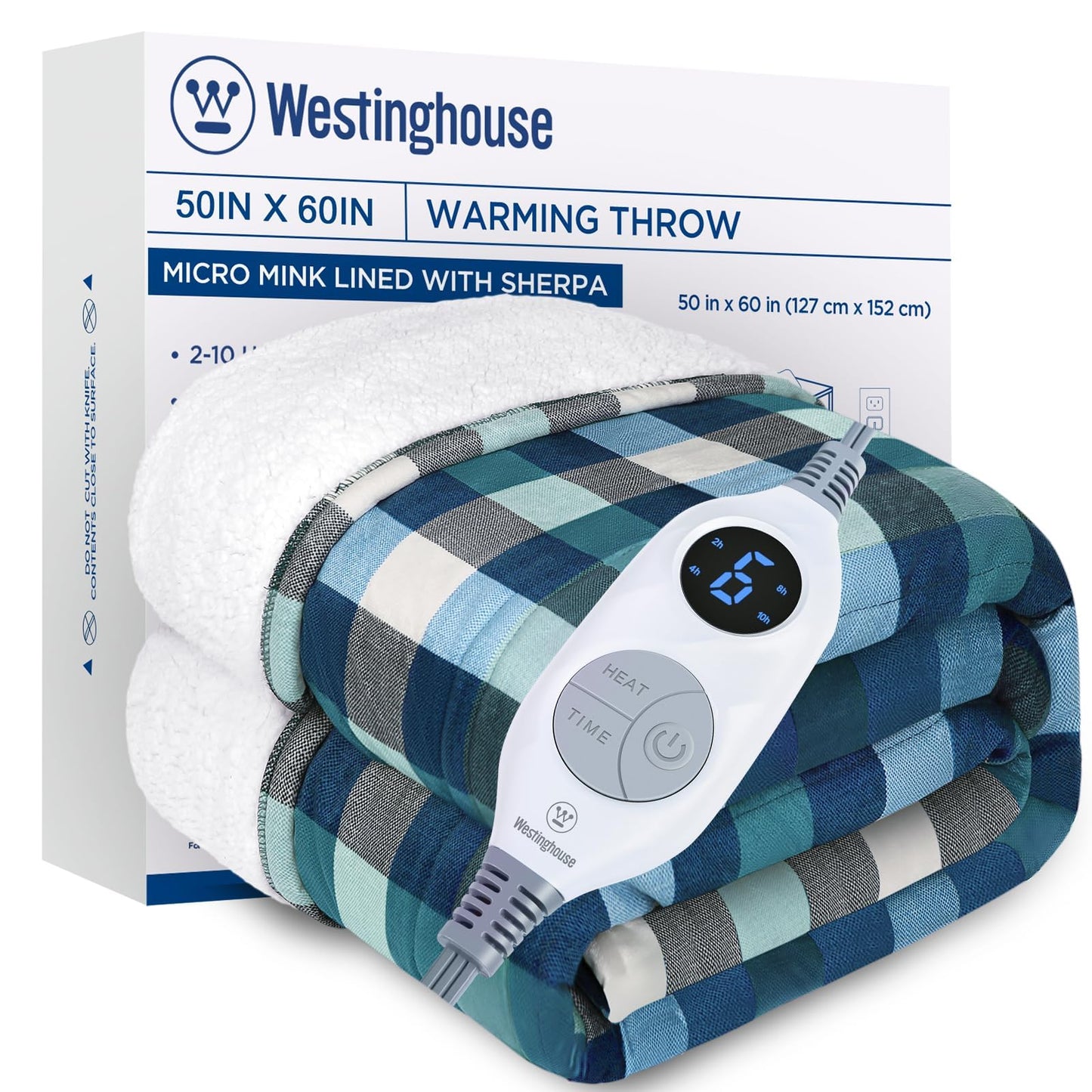 Westinghouse Electric Throw Heated Throw Blanket Soft Flannel & Sherpa Heating Blanket with 6 Heating Levels 2-10 Hours Auto-Off, Overheat Protection Machine Washable, Green 50x60 Inches