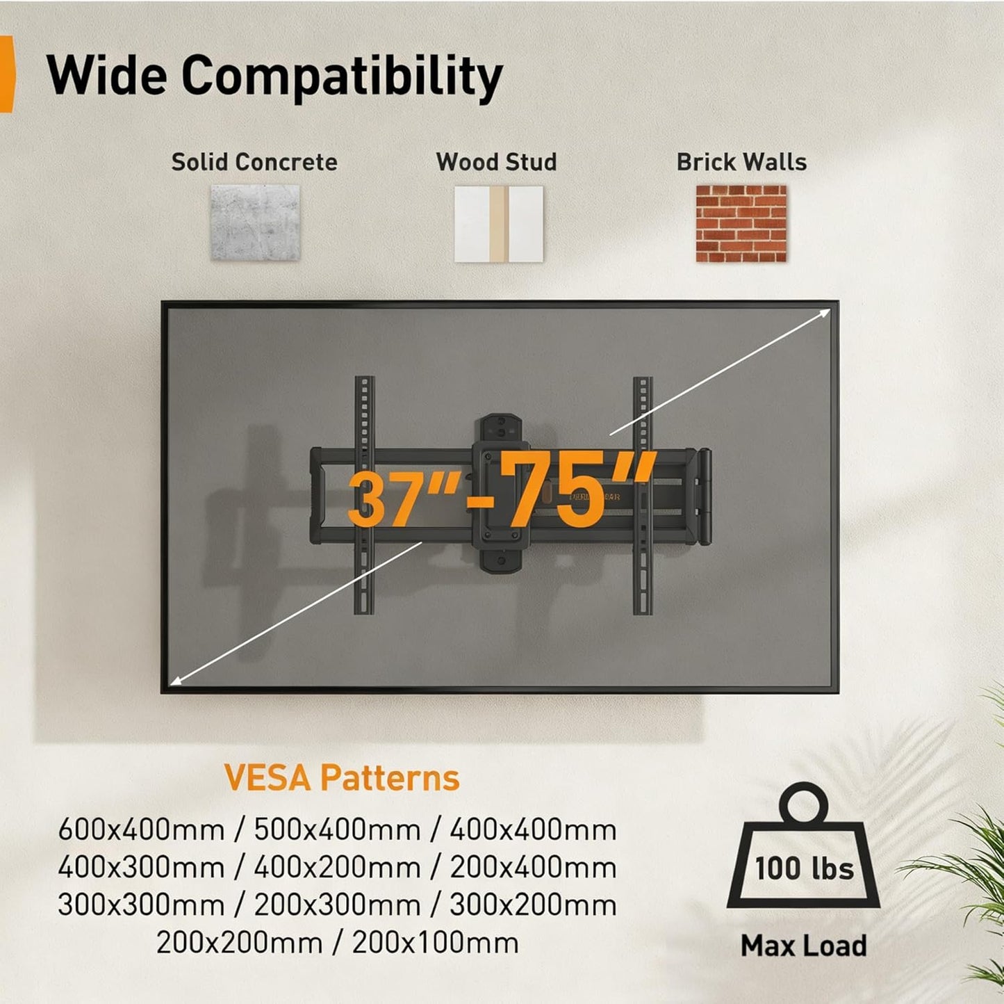 Perlegear Corner TV Wall Mount - Full Motion Bracket for 37-75 Inch TVs | 32.37” Extension & Tilt, Max VESA 600x400mm, 100 lbs Capacity
