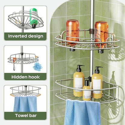 HAMITOR Shower Caddy | 4-Tier Rustproof Bathroom Organizer - Adjustable No-Drill Shelf for Renters - 47-123 Inch Silver Gray