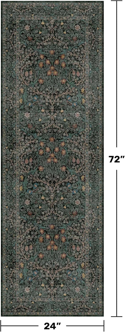 Boho Vintage Floral Kitchen Runner Rug - Non-Slip, Washable Rubber Backed | Dark Green Low Pile Carpet for Entryway & Hallway