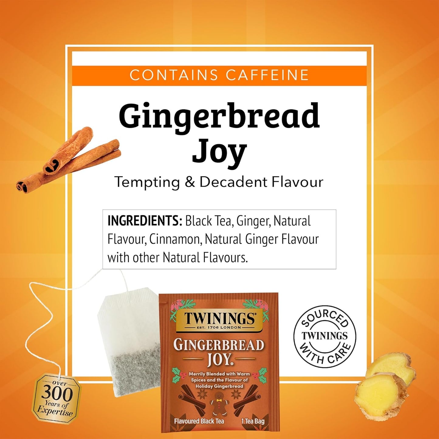 Twinings Gingerbread Joy Black Tea - Caffeinated Ginger & Cinnamon Flavor | 20 Individually Wrapped Teabags