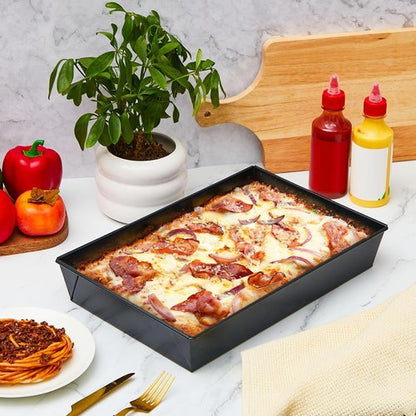 Detroit Style Pizza Pan Set - Non-Stick Deep Rectangle Bakeware | Pre-Seasoned Carbon Steel, 10 x 14 x 2.36 Inch