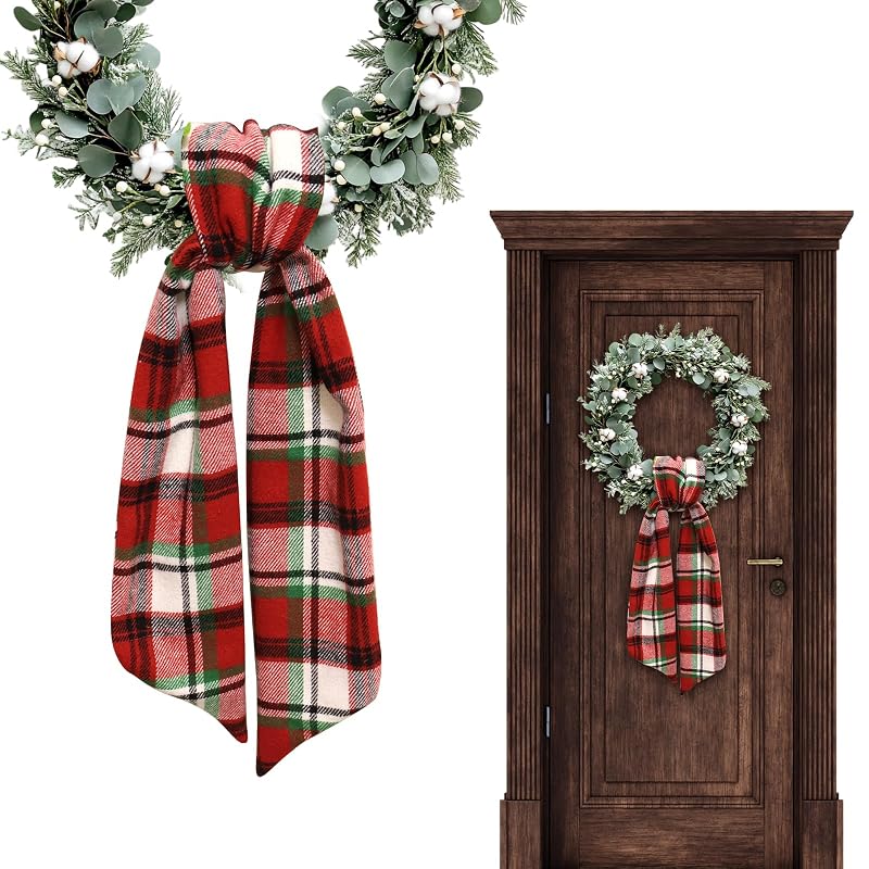 Red Plaid Burlap Wreath Sash for Front Door - Holiday Christmas Ribbon Accessory (Variation: Red Plaid)