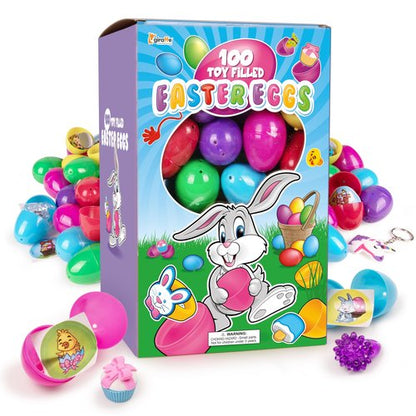 Giraffe 100 Pack Prefilled Easter Eggs Bulk - Multi Color Plastic Filled Easter Eggs for Kids with Toy Filled Slap Bracelets, LED Rings, Stickers - Easter Basket Stuffers for Kids