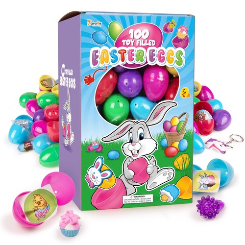 Giraffe 100 Pack Prefilled Easter Eggs Bulk - Multi Color Plastic Filled Easter Eggs for Kids with Toy Filled Slap Bracelets, LED Rings, Stickers - Easter Basket Stuffers for Kids