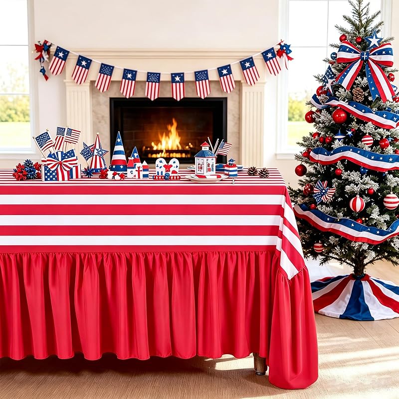 Red & White Striped Ruffle Tablecloth 80x120 In Waterproof Polyester - Birthday Wedding Dinner