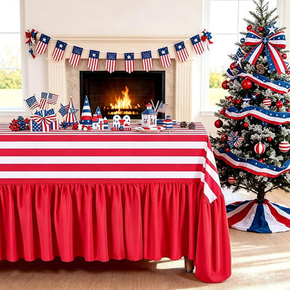 Red & White Striped Ruffle Tablecloth 80x120 In Waterproof Polyester - Birthday Wedding Dinner