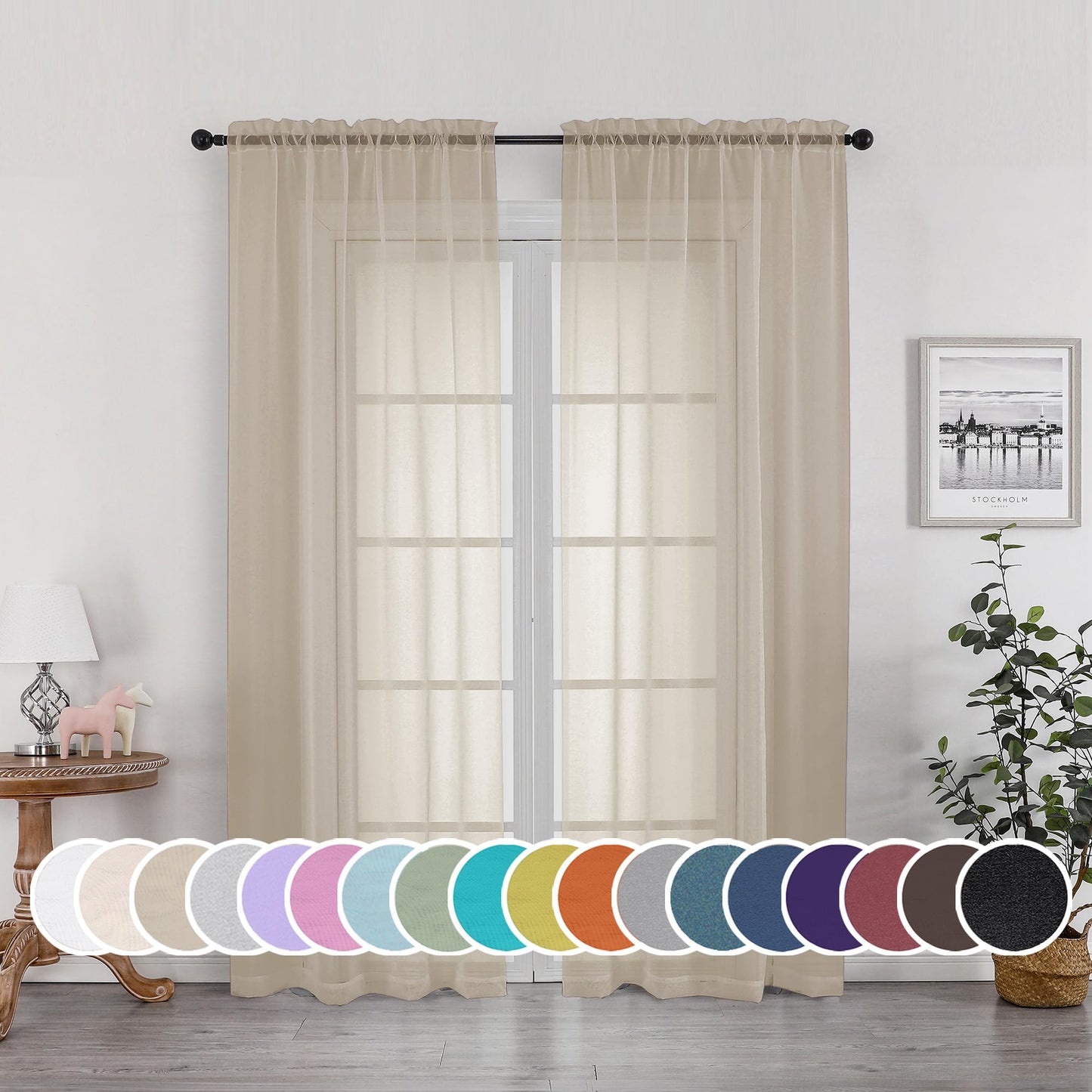 OWENIE Sheer Curtains 72 Inches Long for Bedroom Living Room, Rod Pocket Fimly Solid French Door Curtains Set of 2, Elegant Taupe Voile Curtains Panels Window Treatments, 42" Width