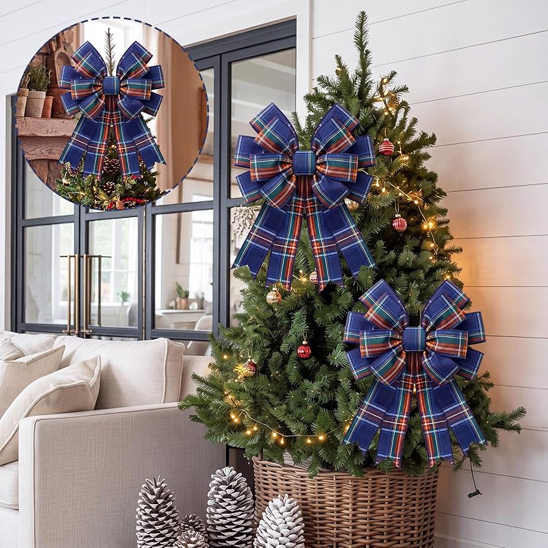 Navy Blue Plaid Wreath Bow, 17.7 x 14.5 in | Large Tartan Burlap Christmas Decor - Variation: Navy Blue
