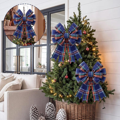 Navy Blue Plaid Wreath Bow, 17.7 x 14.5 in | Large Tartan Burlap Christmas Decor - Variation: Navy Blue