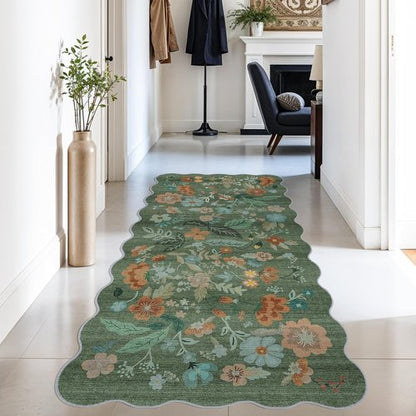 Hallway 3x6 Washable Runner Rug - Elegant Floral Scalloped Design | Soft Non-Slip Carpet for Home Decor