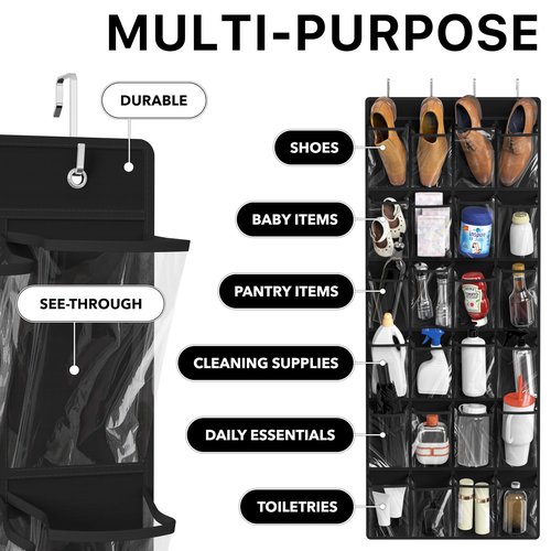 Simple Houseware 24 Pockets Large Clear Pockets Over The Door Hanging Shoe Organizer, Black (56" x 22.5")