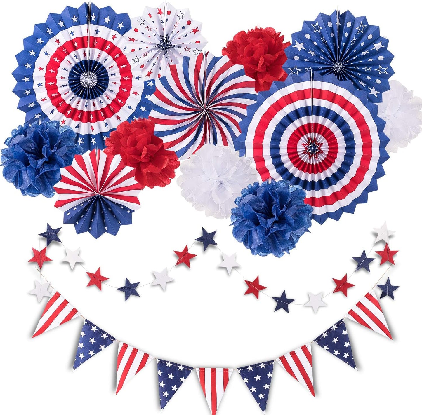 Whaline 4th of July Party Decorations Set - 14Pcs Patriotic Red, White & Blue USA Flag Banners & Pom Poms
