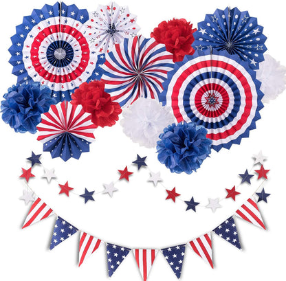 Whaline 4th of July Party Decorations Set - 14Pcs Patriotic Red, White & Blue USA Flag Banners & Pom Poms