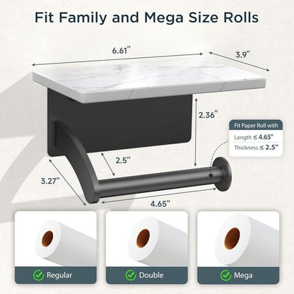 FORIOUS Toilet Paper Holder - Natural Marble Wall Mount with Phone Shelf | 304 Stainless Steel, Matte Black