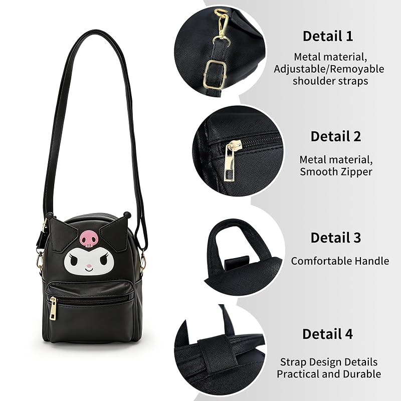 Umini Cute Cartoon Crossbody Backpack - Black, Adjustable Strap, Small PU Leather Bag