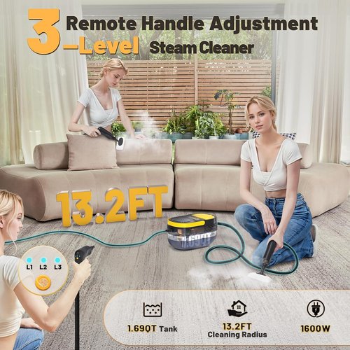 Gautye Steam Cleaner - Portable 3-Level Adjustable Handle | 15s Heat Up, 1.69 Quart Tank, 15 Accessories