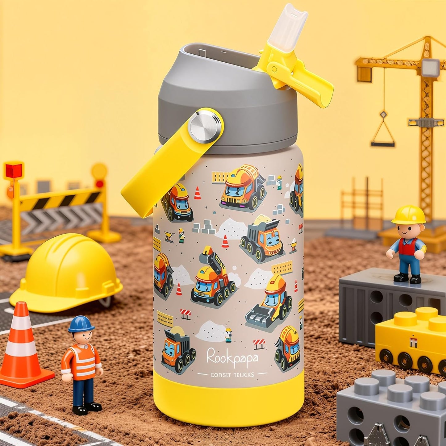Rockpapa 14 Oz Kids Insulated Water Bottle - Stainless Steel, BPA Free, Leak-Proof | Grey Construction Trucks