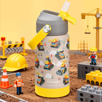 Rockpapa 14 Oz Kids Insulated Water Bottle - Stainless Steel, BPA Free, Leak-Proof | Grey Construction Trucks