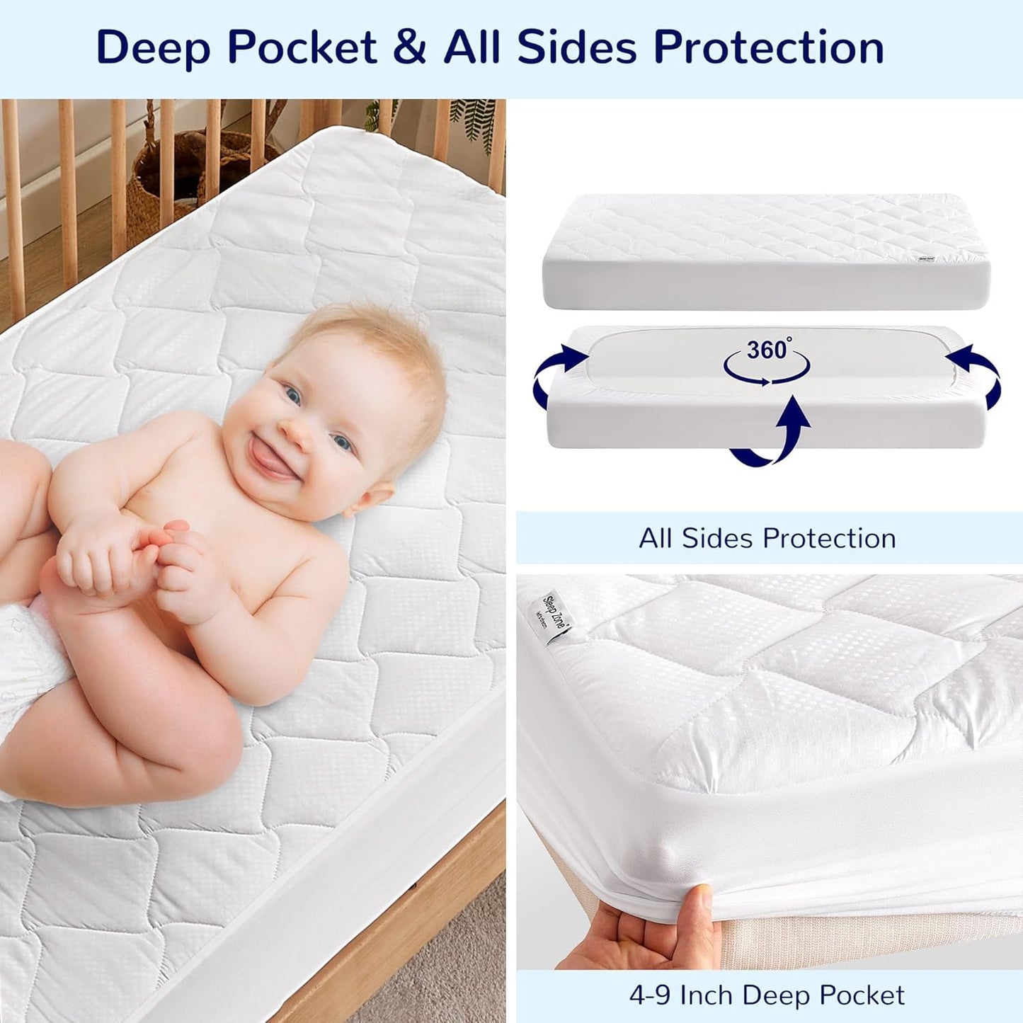 Sleep Zone Waterproof Crib Mattress Protector - Ultra Soft & Breathable | Standard Size 52''x28'', Pure White