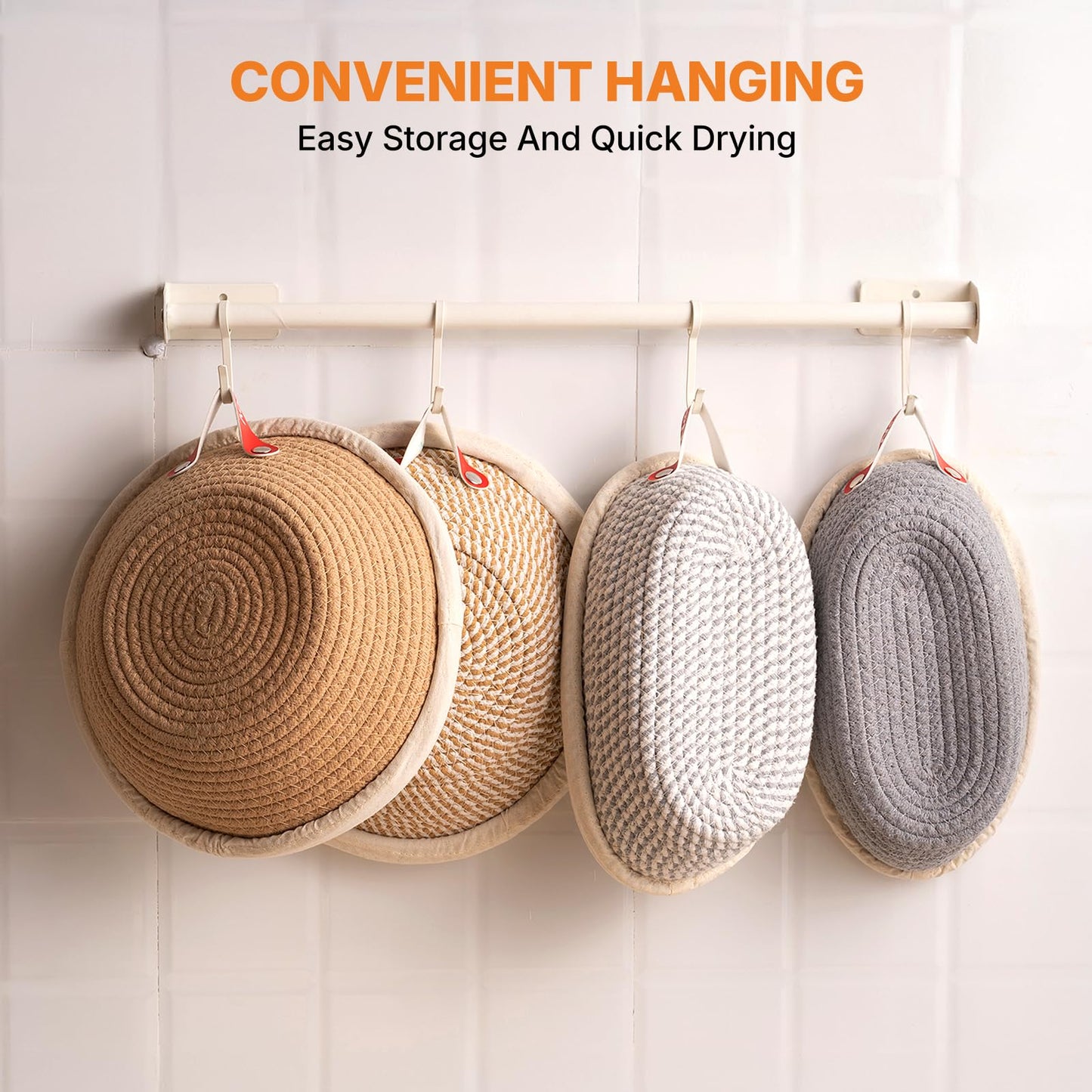 NeoRov Handmade Cotton Rope Banneton Bread Proofing Basket Set - 2X Round Bread Baskets - With Liner & Cloth Cover - For Proofing Sourdough Bread & Bread Storage (Khaki & Khaki Stripes)